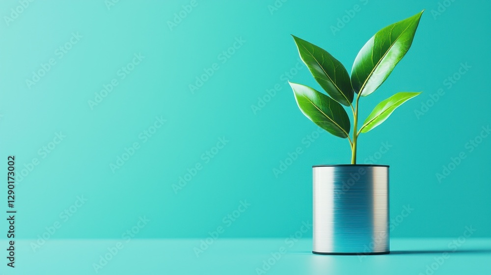 Vibrant green leaves sprouting from a sleek metal can against a serene turquoise background capturing growth and sustainability in a minimalist style Vibrant green leaves sprouting from a sleek metal can against a serene turquoise background capturing growth and sustainability in a minimalist style