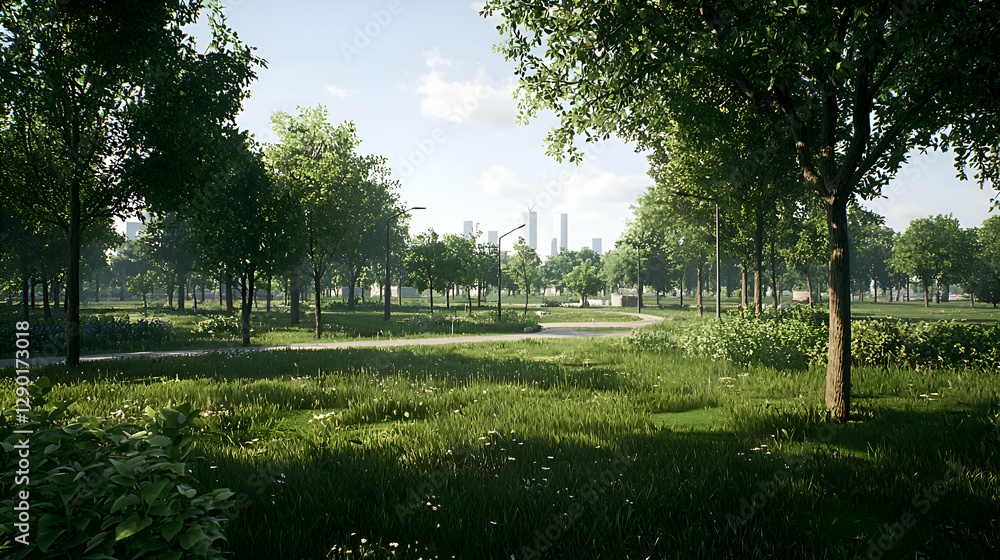 Obraz premium Summer City Park Landscape with Green Trees and Grassy Path