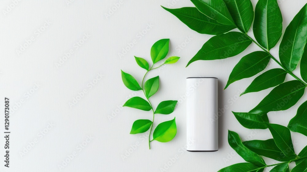 Minimalist white product container mockup surrounded by vibrant green leaves on a textured white background for natural skincare brand Minimalist white product container mockup surrounded by vibrant green leaves on a textured white background for natural skincare brand