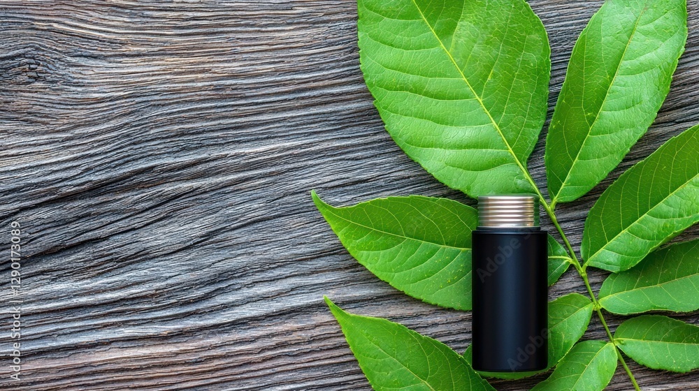 Obraz premium Elegant black bottle amidst vibrant green leaves on rustic wood surface a natural beauty concept for skincare and cosmetic product photography