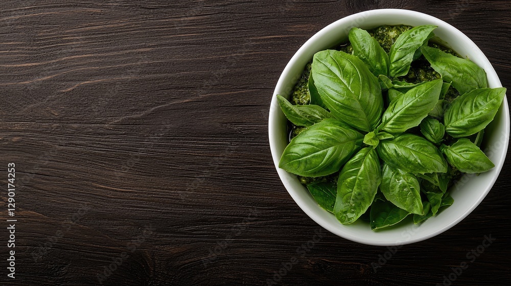 Fresh Basil Pesto in White Bowl on Dark Wood Tabletop Fresh Basil Pesto in White Bowl on Dark Wood Tabletop