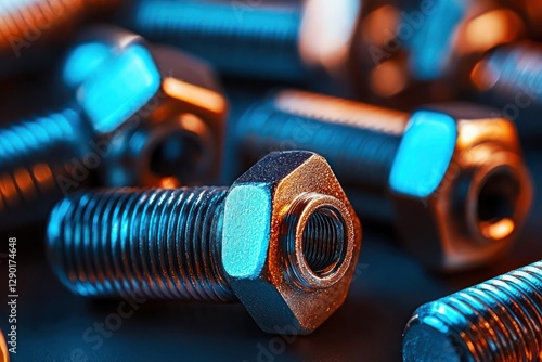 Close up on metallic bolts with orange and blue light reflecting on their surfaces creating an industrial mood