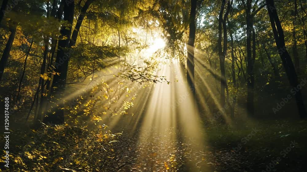 Sunbeams stream through a misty forest, illuminating a path on an autumn day. Sunbeams stream through a misty forest, illuminating a path on an autumn day.
