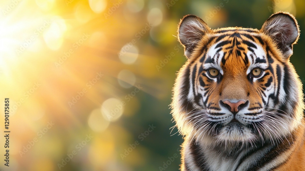 Fototapeta premium Majestic Tiger Portrait with Golden Sunlight and Bokeh Background Capturing the Essence of Wildlife Photography in Nature