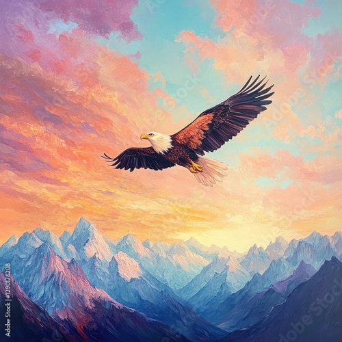 Majestic eagle soaring above mountain range under a vibrant sunset sky painting style art scenic view