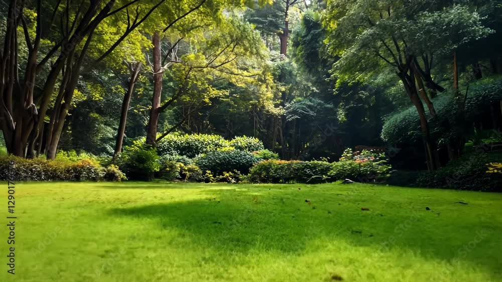 Sunlit green lawn in a lush park with many trees and shrubs. Sunlit green lawn in a lush park with many trees and shrubs.