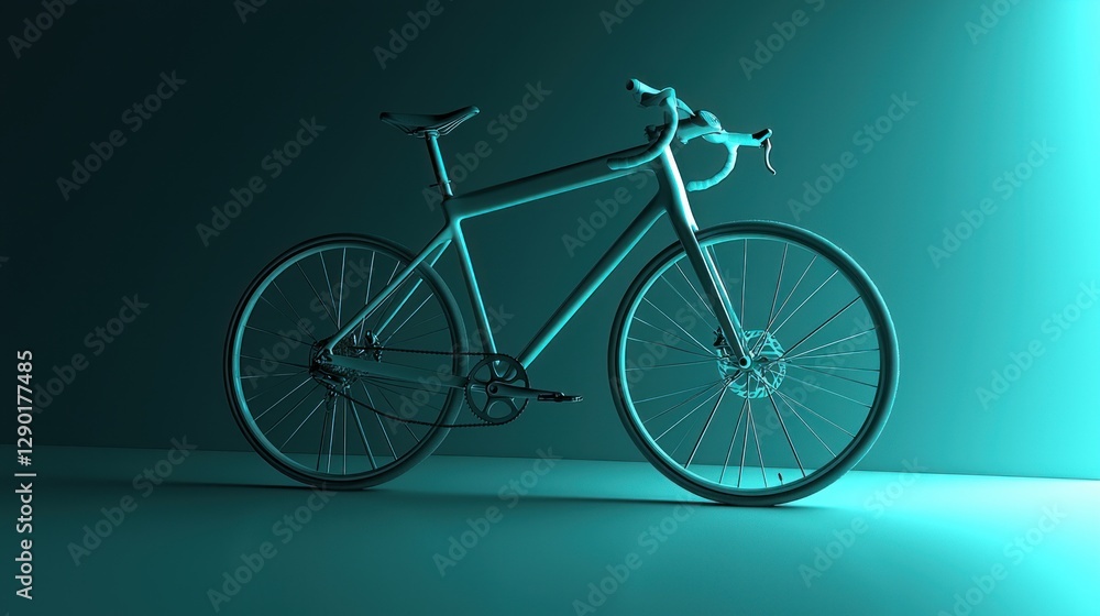 Fototapeta premium Sleek teal bicycle in minimalist studio setting casting shadows against a gradient background for modern design and athletic lifestyle