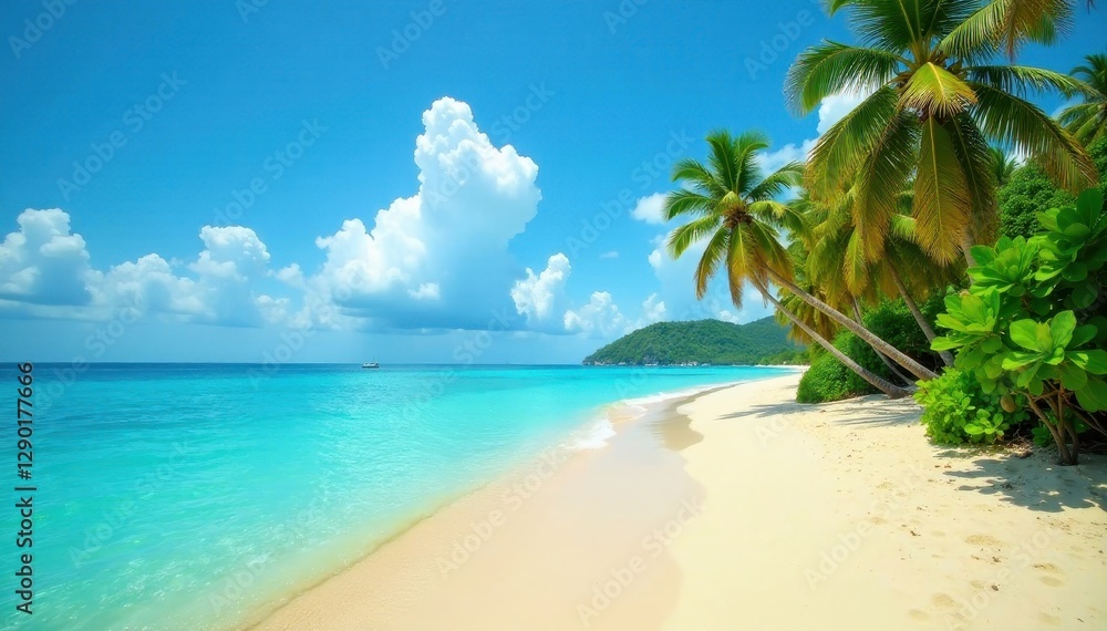 Obraz premium Golden sand, turquoise water, lush palms, idyllic island , warmth, ocean, travel