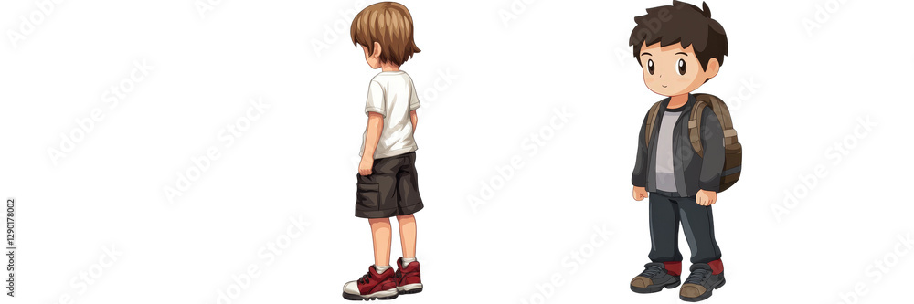 Two cartoon boys standing against a isolated on white or transparent png. One faces away and the other faces front Two cartoon boys standing against a isolated on white or transparent png. One faces away and the other faces front