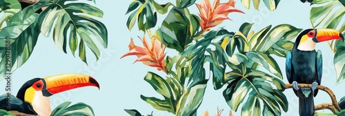 Toucans in a lush tropical rainforest setting,  colorful birds, exotic flowers and green leaves