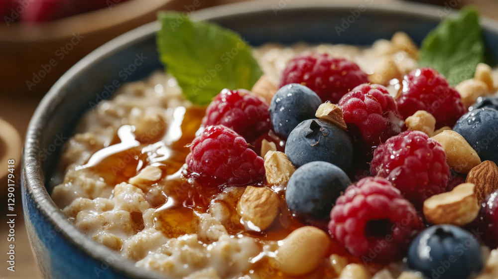 Organic oatmeal with honey drizzle, nuts, and fresh berries Organic oatmeal with honey drizzle, nuts, and fresh berries