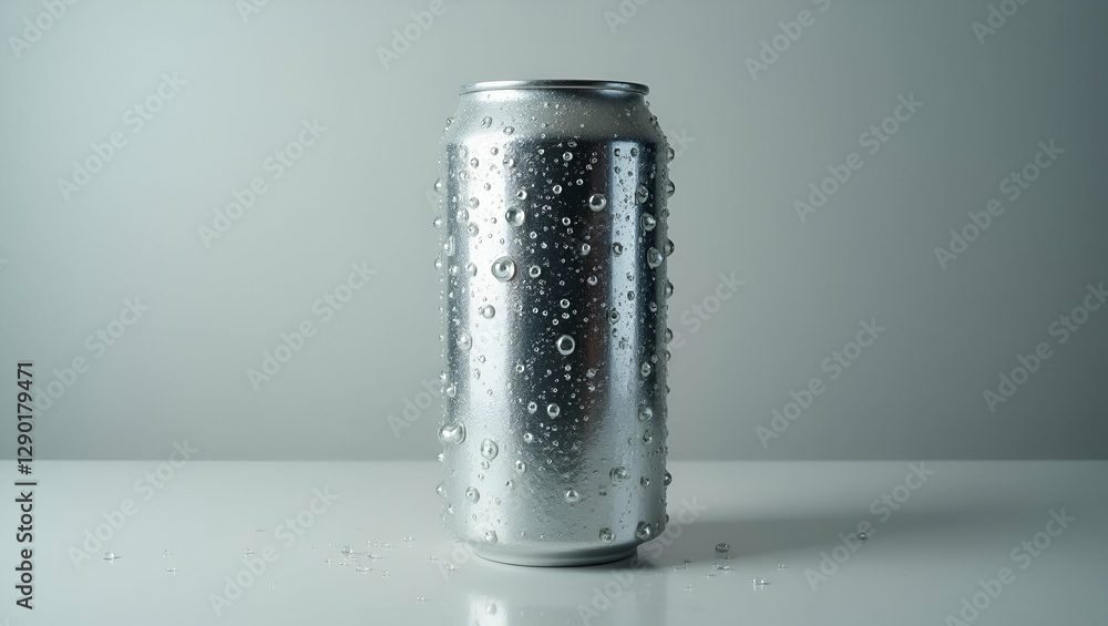 A Highly Reflective Polished Aluminum Can Covered in Condensation Droplets, Showcasing a Refreshing and Chilled Beverage Look A Highly Reflective Polished Aluminum Can Covered in Condensation Droplets, Showcasing a Refreshing and Chilled Beverage Look