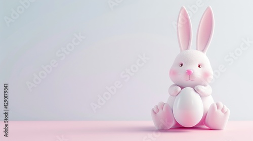 Minimalist 3D Easter bunny with double claws holding Easter eggs sitting posture, soft color tone, hand drawn rough outline, pure white background with subtle paper texture. photo