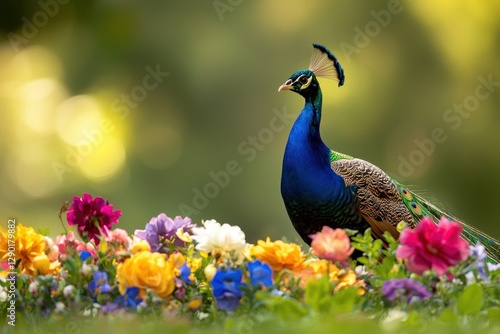 Wallpaper Mural Majestic peacock standing proudly amidst vibrant blooms in a sunlit garden serene nature scene Torontodigital.ca
