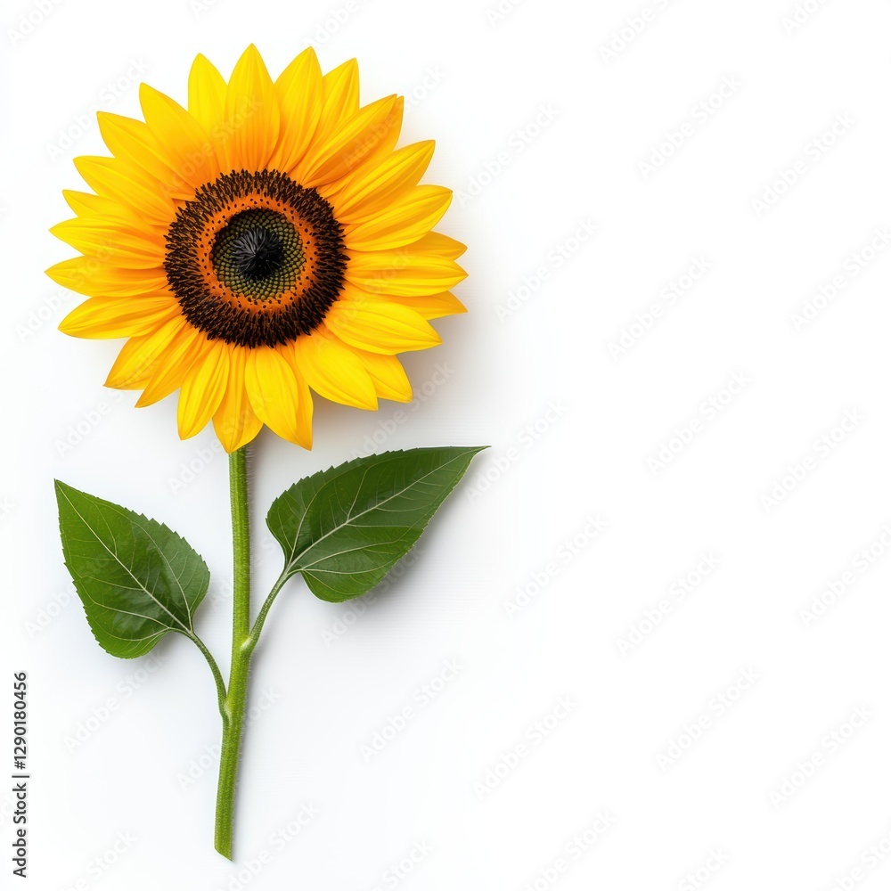 Obraz premium A vibrant sunflower with a dark center, accompanied by green leaves, stands against a plain white background.
