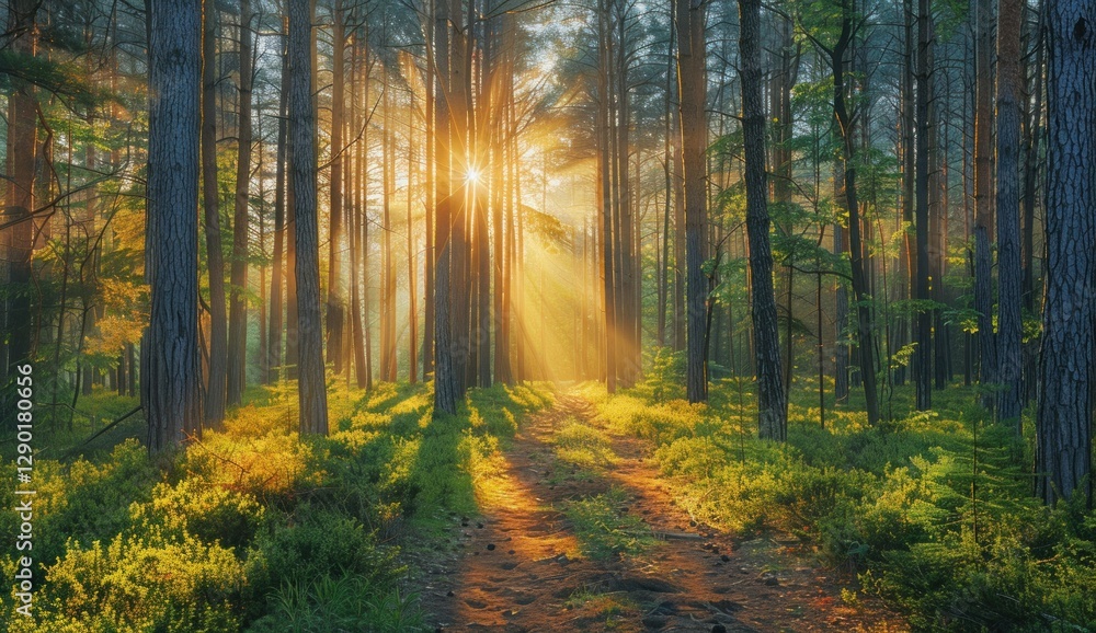 Fototapeta premium Sunbeams Through Forest Trees