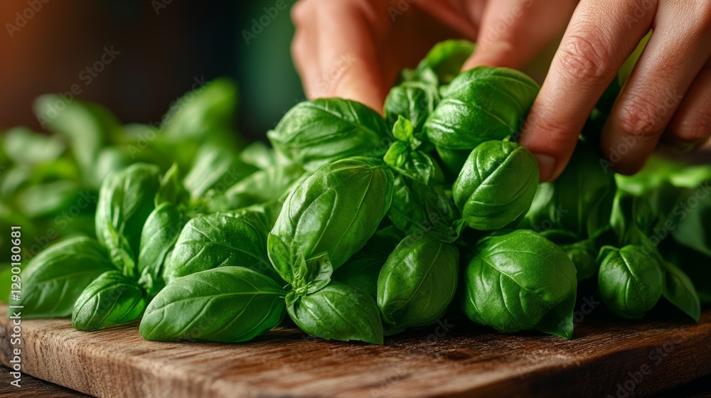 A close-up of hands preparing fresh green basil, the leaves being chopped finely on a rustic cutting board, no face visible A close-up of hands preparing fresh green basil, the leaves being chopped finely on a rustic cutting board, no face visible