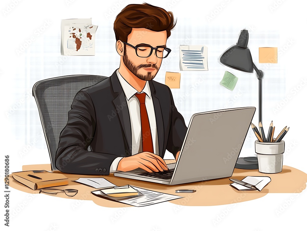 Businessman working on laptop, office setting Businessman working on laptop, office setting
