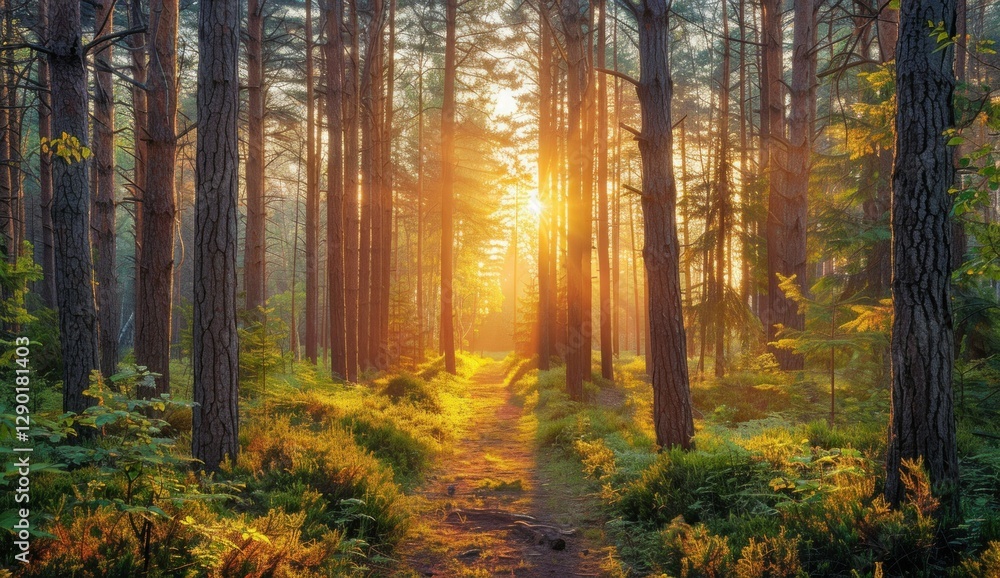 Fototapeta premium Golden Sunlight Through Forest Trees