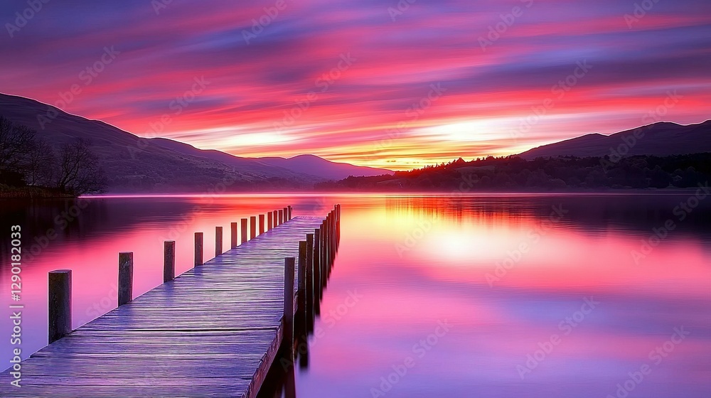Fototapeta premium A beautiful colorful pier extends over a calm lake at sunset