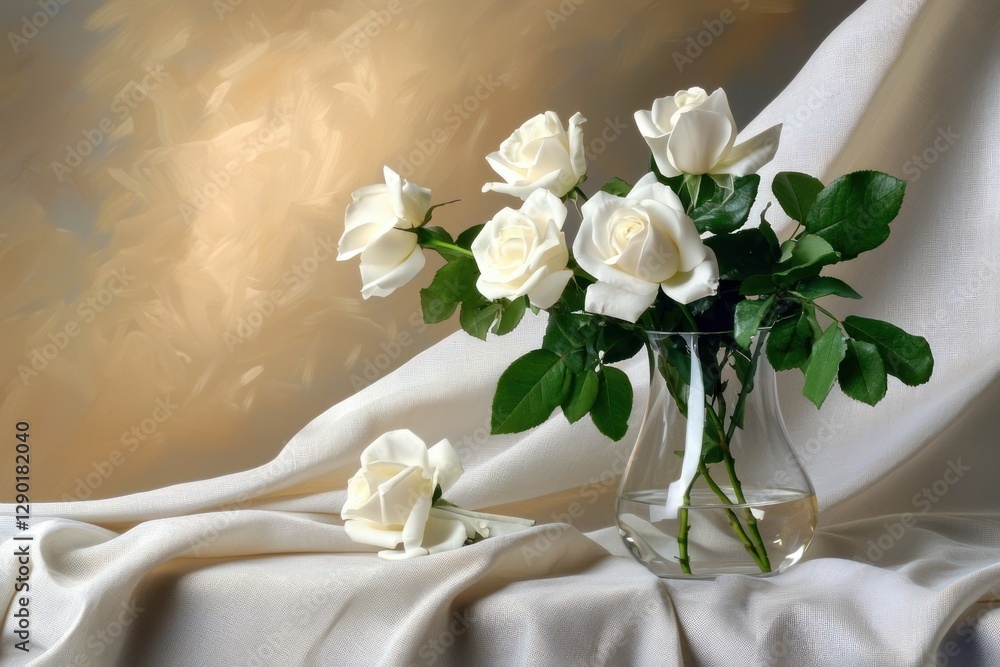 Charming bouquet of white roses in a glass vase against soft backdrop romantic elegance pristine beauty calm Charming bouquet of white roses in a glass vase against soft backdrop romantic elegance pristine beauty calm