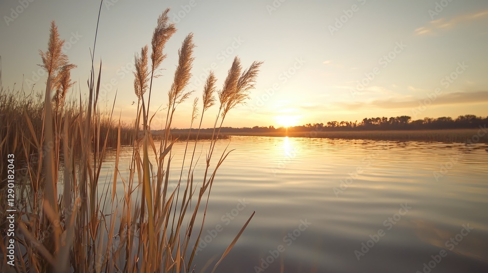 Sunset over calm river, reeds foreground, peaceful landscape, nature photography Sunset over calm river, reeds foreground, peaceful landscape, nature photography