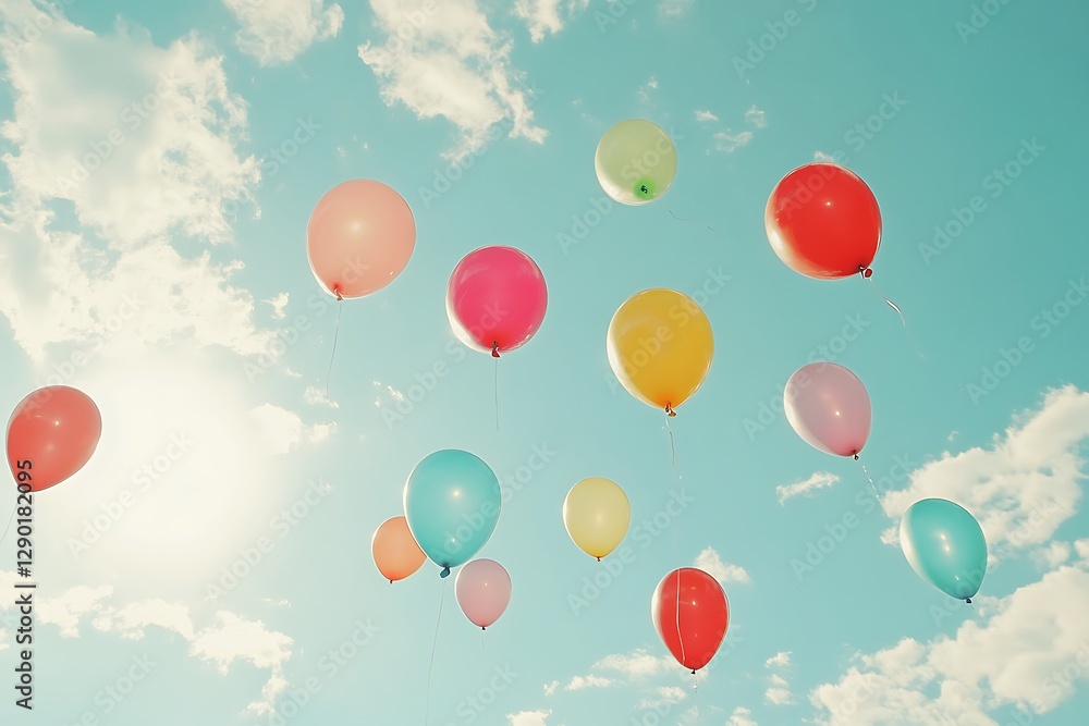 Colorful balloons float in a bright sky Colorful balloons float in a bright sky