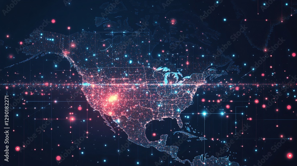 Obraz premium North America Digital Network Map Global Connectivity and Data Flow Visualization
