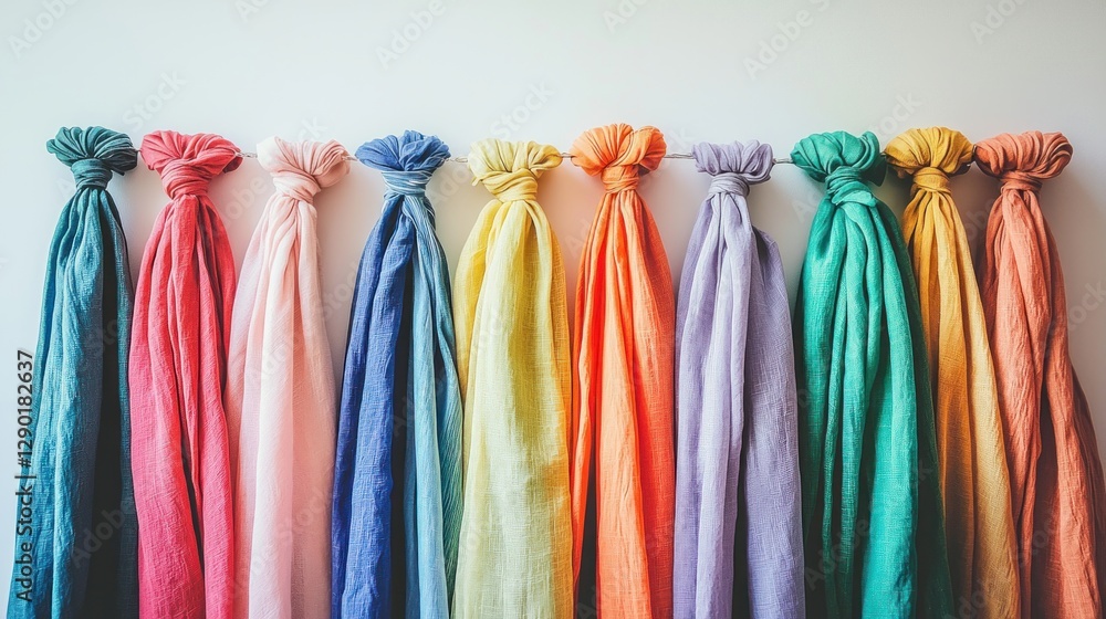 Row of colorful tied linen scarfs displaying soft hues against a white wall with soft color harmony and texture Row of colorful tied linen scarfs displaying soft hues against a white wall with soft color harmony and texture