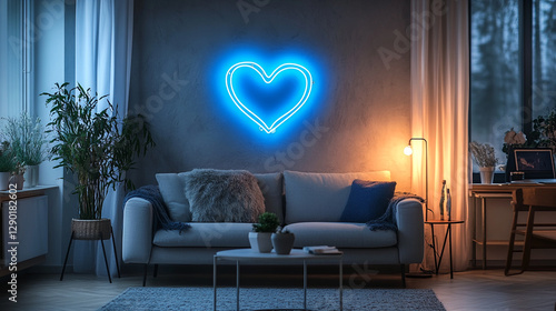 Room Living With Heart Neon Scandinavian Glowing Blue photo