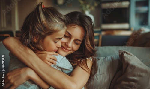A woman is hugging a young girl on a couch