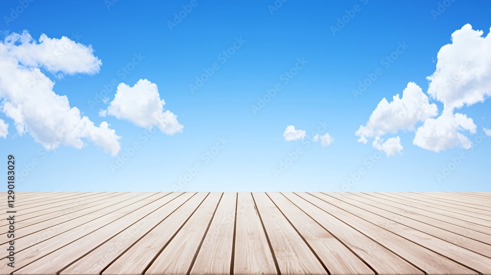 Bright Blue Sky with Fluffy White Clouds Over Light Beige Wooden Planks Bright Blue Sky with Fluffy White Clouds Over Light Beige Wooden Planks
