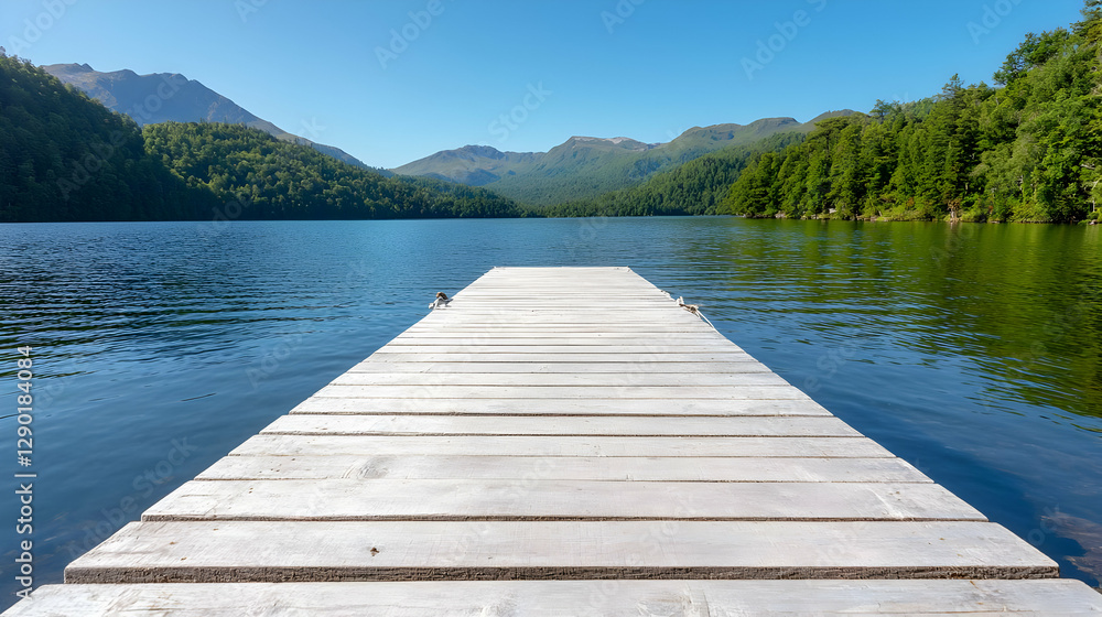 Fototapeta premium Serene lake dock, mountain backdrop, summer tranquility, travel postcard