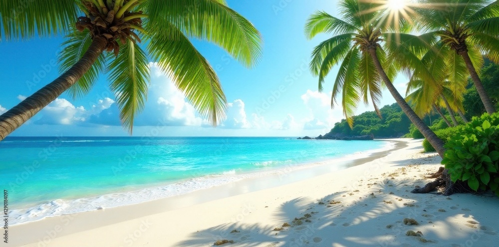 Obraz premium Sun-drenched beach, turquoise water, lush palms, sunny, vibrant