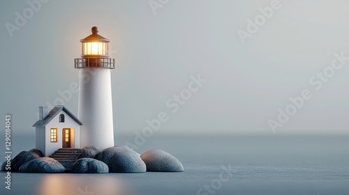 A serene image of a lighthouse with a glowing light, situated on rocks near the sea, with a small house nearby