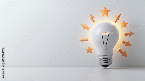 A white light bulb with glowing orange arrows and stars around it, symbolizing innovation and progress.