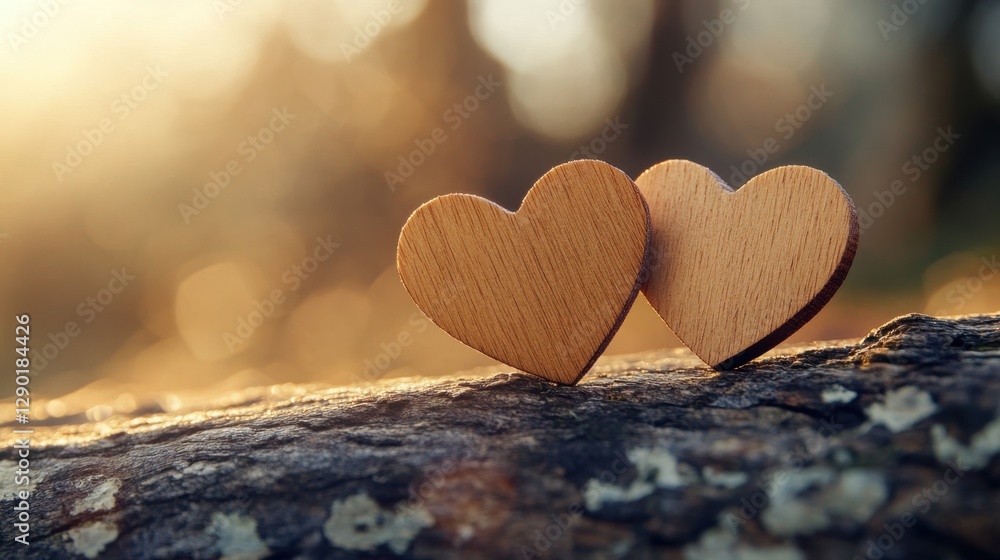 Fototapeta premium Emotional moment two wooden hearts on a log nature scene soft lighting close-up love concept