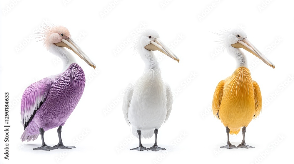 Obraz premium Three pelicans, purple, white, gold, isolated
