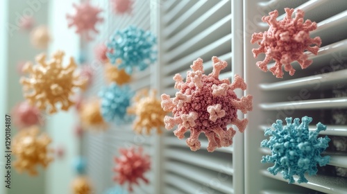 Colorful virus particles around air filter in laboratory environment close-up view for health concept