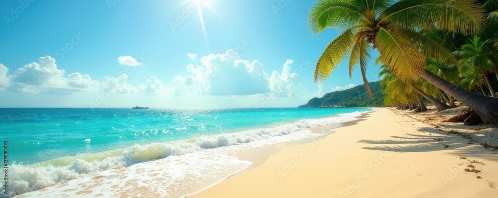 Fototapeta premium Golden sand, turquoise waves, bright sun, palm trees, palm trees, background, sun