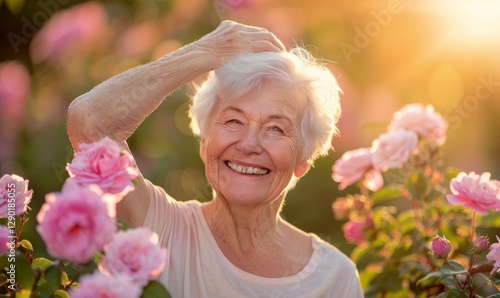Wallpaper Mural A woman with a big smile is standing in a field of pink flowers Torontodigital.ca
