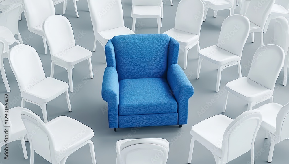 Fototapeta premium Blue armchair focal point in a conceptual art installation with white chairs.