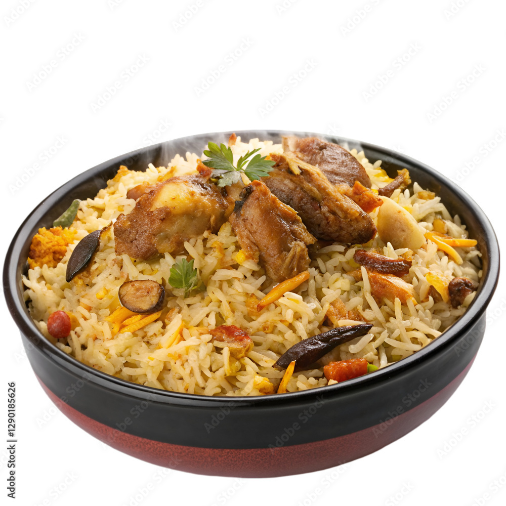 Traditional spicy chicken biryani on white background Traditional spicy chicken biryani on white background