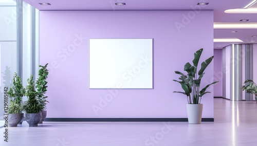 Simple yet stylish office lobby with lavender wall, poster.