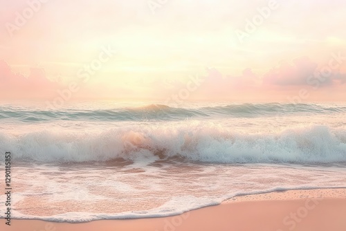 ocean waves surge in soft peach and aqua hues, crashing gently on a golden shore under a dreamy pastel dawn sky with misty horizons.