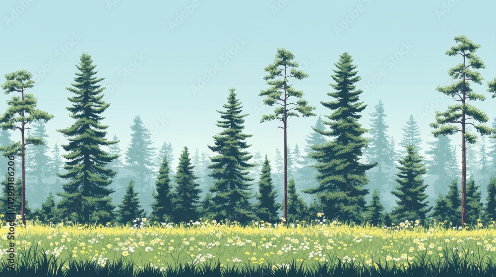 Fototapeta premium Tranquil green landscape with tall trees vibrant meadow digital art serene environment nature concept