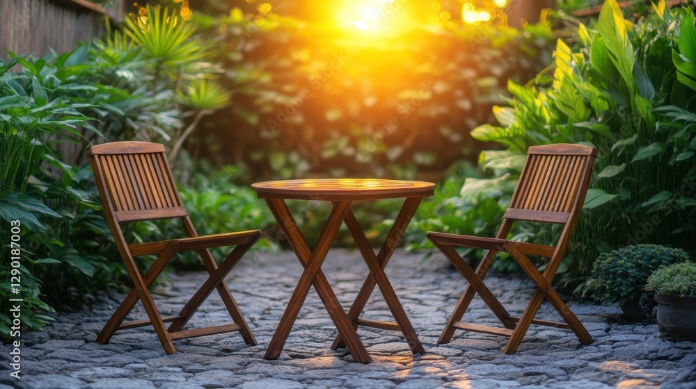 Relaxing evening in a backyard with rustic wooden table and chairs amidst lush greenery and sunset Relaxing evening in a backyard with rustic wooden table and chairs amidst lush greenery and sunset