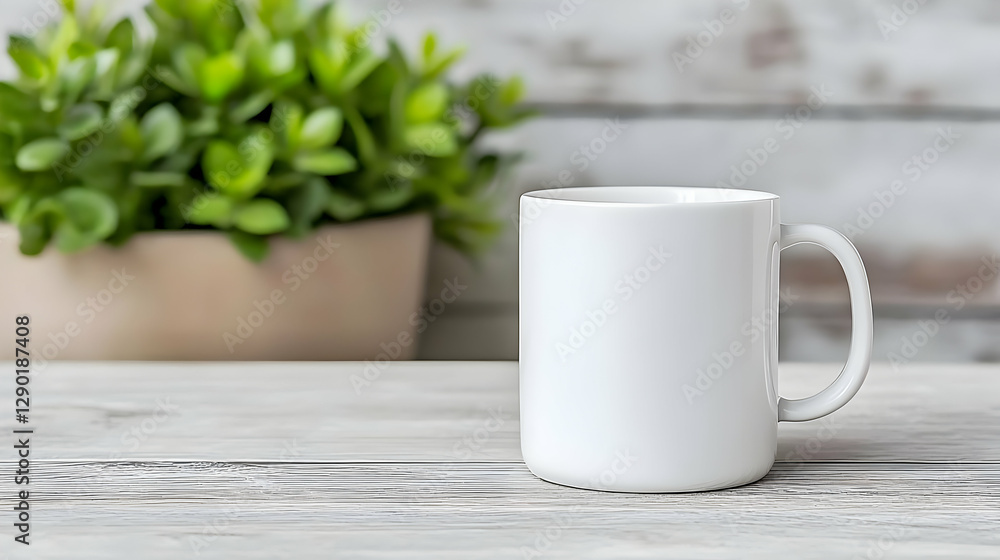 White mug on wooden table, plant background; mockup White mug on wooden table, plant background; mockup