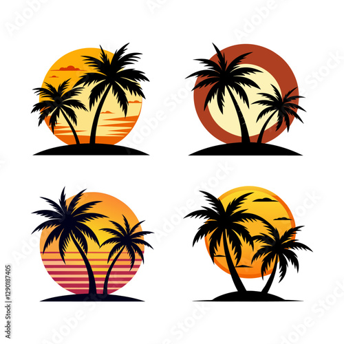 Sun set with Palm Tree Set, palm tree black silhouette on sun middle background