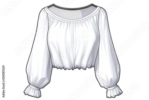 White peasant blouse with long balloon sleeves on a transparent background, fashion illustration